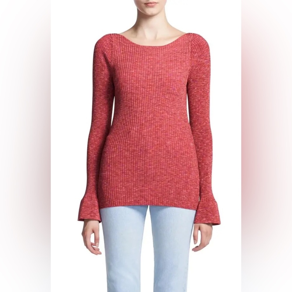 Theory Cabled Print Rib Boat Neck Top Sunset Multi
